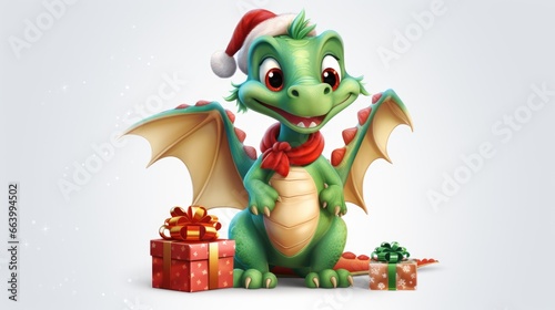 Cartoon green dragon in red Santa hat with New Year gifts isolated on white background with copy space, Christmas background 2024, Chinese calendar concept