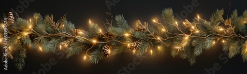 Decorative glowing shimmering Christmas garland with green coniferous branches and pine cones, seamless pattern isolated decoration on black background with copy space © ISVO