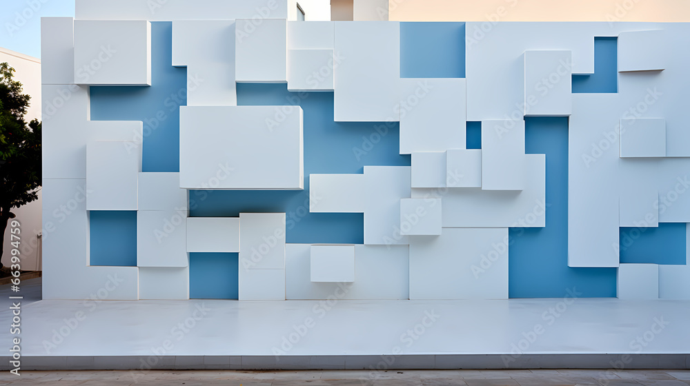 An architectural marvel of a wall meticulously assembled with light white-blue blocks, showcasing modern craftsmanship An architectural marvel of a wall meticulously assembled with light white-blue blocks, showcasing modern craftsmanship