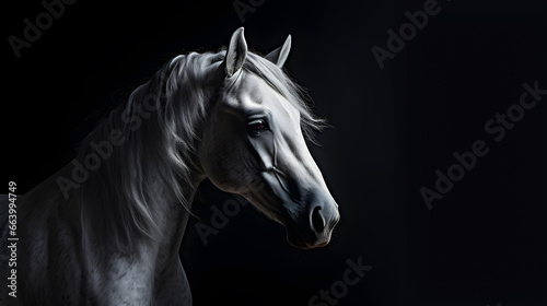 portrait of a white horse on a black background. 