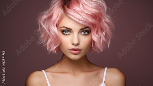 Closeup portrait of young woman looking at camera with doll makeup and short pink hair isolated on dark background with copy space