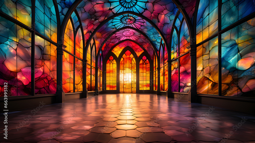 colorful stained glass windows of cathedral in the evening - obrazy, fototapety, plakaty 