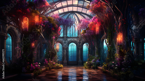 beautiful magic interior with flowers and windows