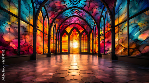 colorful stained glass windows of cathedral in the evening photo