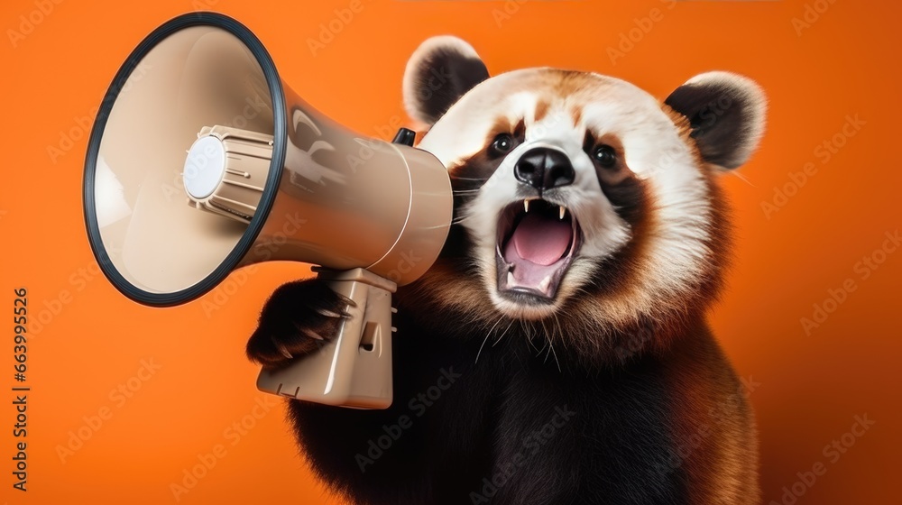 Fototapeta premium Red Panda hold white loudspeaker and screaming. Advertising and sales concept