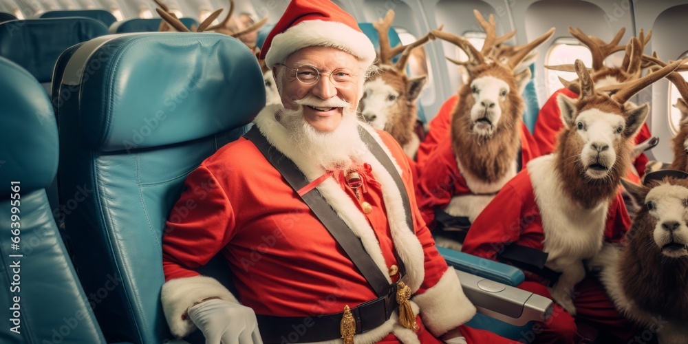 Santa Claus Enjoys a Grin with His Reindeer Companions, Aboard a Vacation-Ready Airline Stewardess's Plane, Amid the Winter and Christmas Holidays, Exploring Long-Distance Travel Adventures
