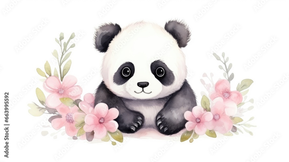Obraz premium watercolor little baby panda with tender flowers around