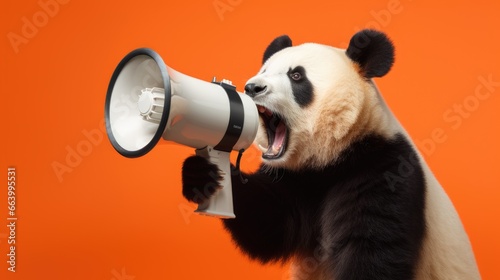 Giant Panda hold white loudspeaker and screaming. Advertising and sales concept