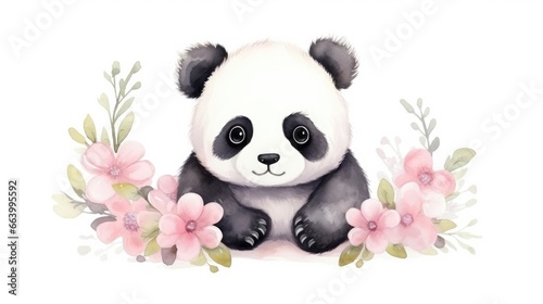 Fototapeta Naklejka Na Ścianę i Meble -  watercolor little baby panda with tender flowers around