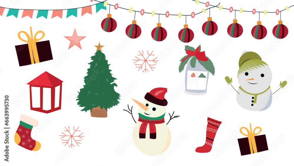 Set of cute cartoon Christmas and New Year elements with Christmas tree, garlands, wreath, holly, snowman, lantern, stocking, sweater, star, gifts, candy, lights