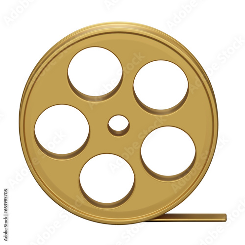 Gold Film icon isolated on beige background. Video camera tape 3D sign symbols logo. Reel Camera Negative Film. 3d render movie,cinema, entertainment concept. 3D Vector Illustration.