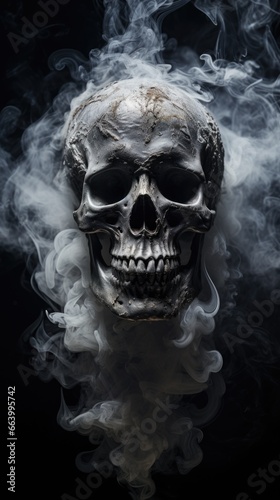  Human skull in white smoke isolated on black background, Day of the Dead, Elegant tattoo design. Digital illustration for printing t-shirts, prints, posters, cards, stickers