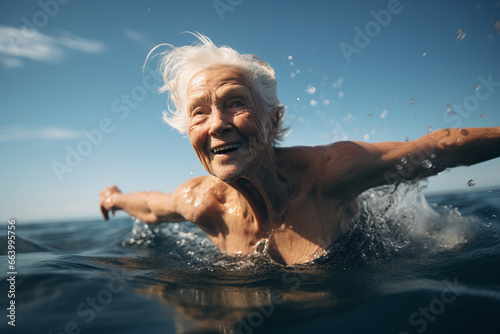 senior active woman swimming in sea or ocean at sunset. Healthy lifestyle. Generative AI