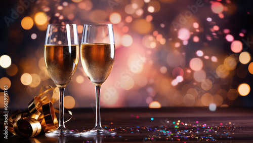 Two glasses of champagne New Year eve celebration festive backgroung copy space
