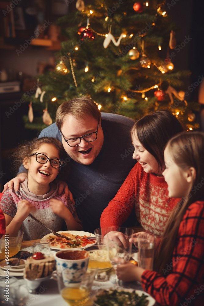 Happy family witj children with Down syndrome eating festive Christmas dinner at home. Generative AI Happy family witj children with Down syndrome eating festive Christmas dinner at home. Generative AI