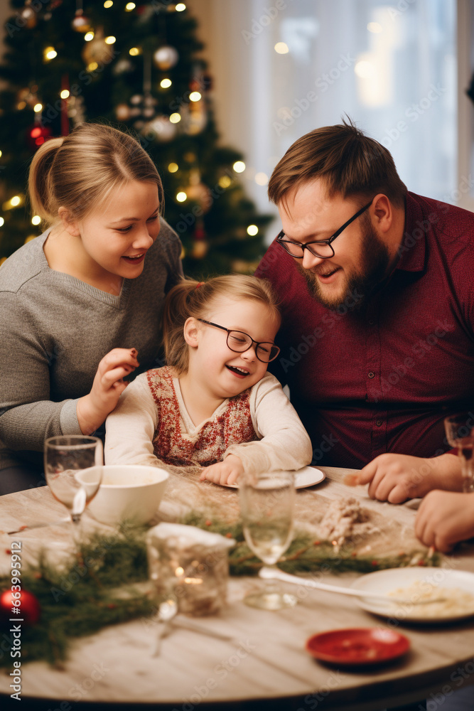 Happy family witj children with Down syndrome eating festive Christmas dinner at home. Generative AI Happy family witj children with Down syndrome eating festive Christmas dinner at home. Generative AI