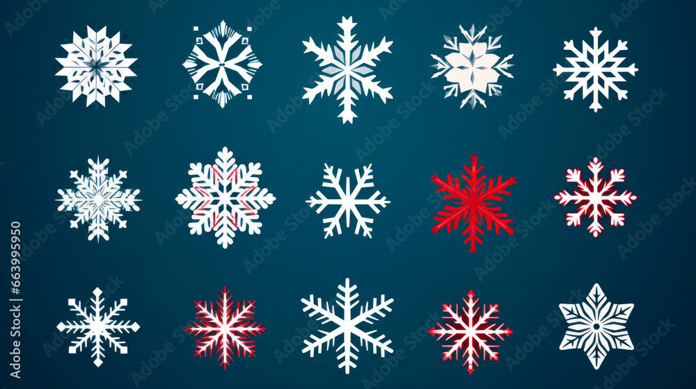 Collection set of icons of colored snowflakes on a blue background to decorate the winter holidays. Christmas and New Year, vector illustration. Collection set of icons of colored snowflakes on a blue background to decorate the winter holidays. Christmas and New Year, vector illustration.