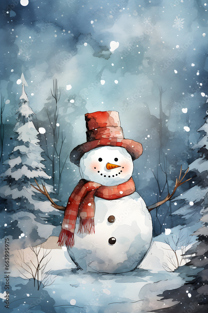 Fototapeta premium watercolor snowman in winter night forest