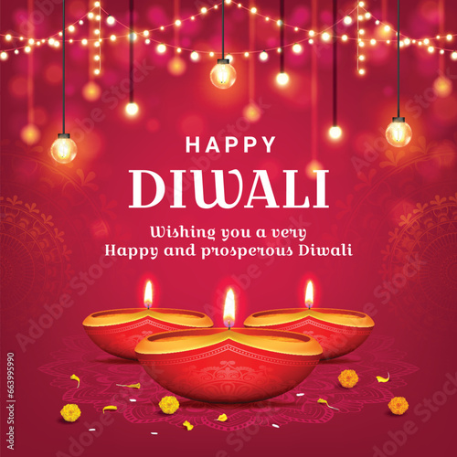 happy diwali festival wishes square banner with diya lamp and light bokeh background