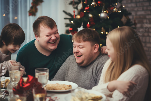 Happy family witj children with Down syndrome eating festive Christmas dinner  at home. Generative AI