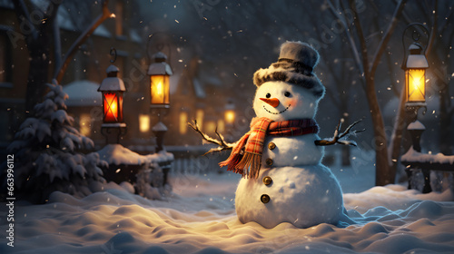 happy snowman on winter background.  photo