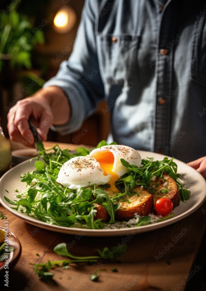 Eggs for Energy: A dynamic photo of a person enjoying a healthy keto breakfast with a poached egg, avocado and arugula, highlighting their protein-rich benefits. Eggs for Energy: A dynamic photo of a person enjoying a healthy keto breakfast with a poached egg, avocado and arugula, highlighting their protein-rich benefits.