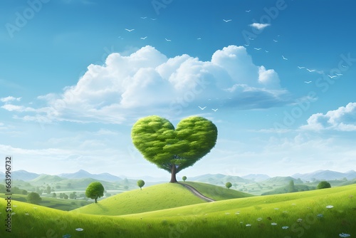 Green mountain with heart shape tree under blue sky.