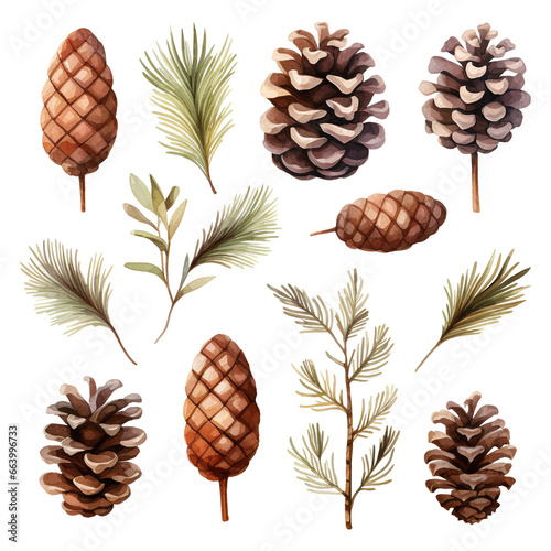 Set of isolated Christmas vintage ornament, pine cone and branch decoration in watercolor painting style.