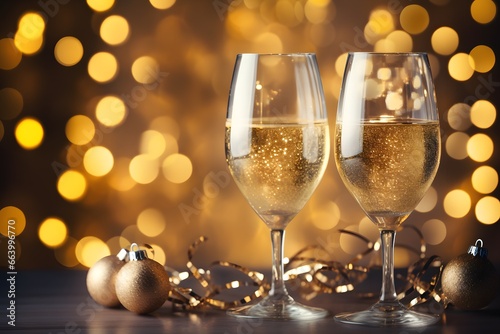 Glasses with champagne and golden Christmas background.
