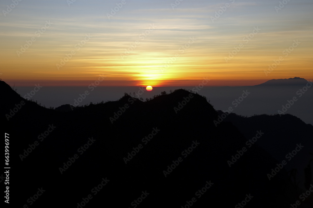 Beautiful sunrise from caldera of Mt. Bromo volcano, Indonesia