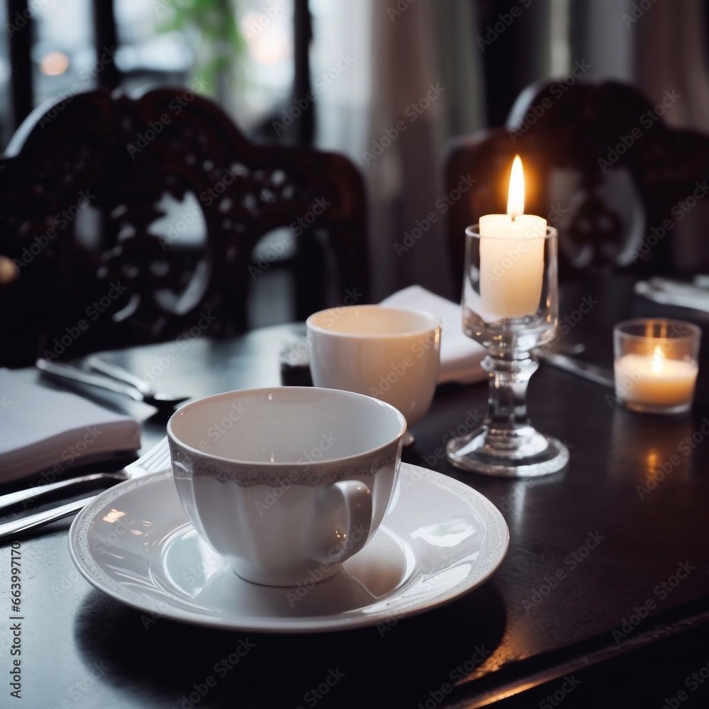 Dinner at a fancy restaurant. Elegant table setting. Cup of coffee. Luxury travel concept. Generative ai. Dinner at a fancy restaurant. Elegant table setting. Cup of coffee. Luxury travel concept. Generative ai.