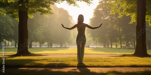 Harmony in Nature: A Woman Practicing Yoga in the Park, Embracing the Outdoors and Channeling Youthful Energy