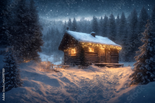 old wooden house decorated with Christmas lights in winter forest, snow covered trees and mountains, cloudy sky at night, blizzard © soleg