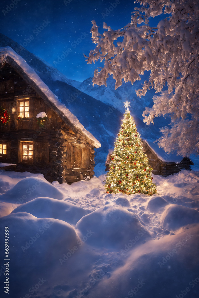 Christmas tree with new year holiday decoration in a village street at sunset, houses with lights, winter season, snowy mountains, beautiful nature