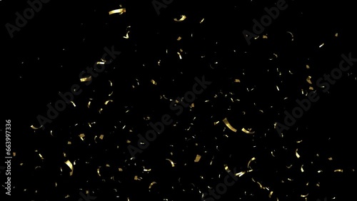 Gold Confetti Falling on a a Black, Green, Blue and White Background.