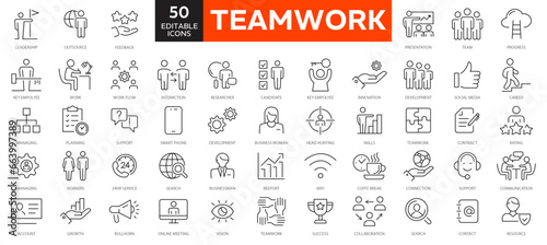 Teamwork line icons set. Businessman outline icons collection. Work group and human resources. Business teamwork, human resources, meeting, partnership, meeting, work group, success - stock vector