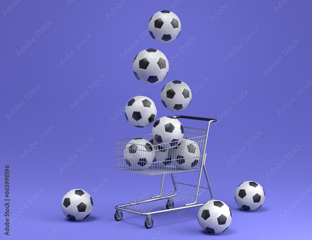 Set of ball like basketball, football and golf in shopping cart on violet