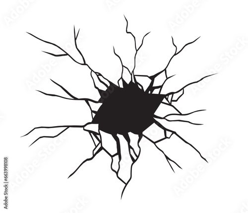 Ground cracks, round breaks or hole on land or building surface, damage fissure effect after earthquake disaster or extreme temperature top view. Vector illustration.