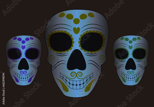Tres calaveras del día de los muertos en la oscuridad
