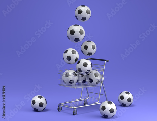 Set of ball like basketball, football and golf in shopping cart on violet © Vasyl Onyskiv