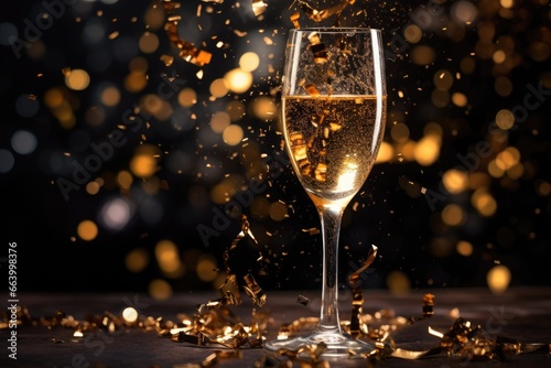 A glass of champagne, falling golden confetti. Holiday, decoration