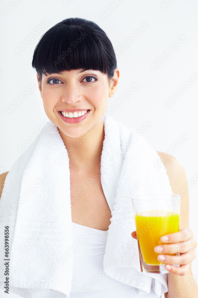 Orange juice, fitness studio portrait and happy woman with glass drink for training, cardio or exercise hydration. Relax, happiness and girl thirsty for liquid, citrus or beverage on white background Orange juice, fitness studio portrait and happy woman with glass drink for training, cardio or exercise hydration. Relax, happiness and girl thirsty for liquid, citrus or beverage on white background