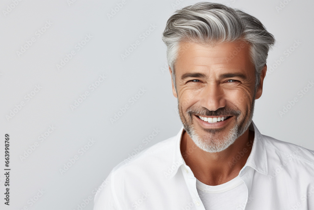 portrait of a handsome old mature man smiling with clean teeth. for a dental ad. guy with fresh stylish hair and beard with strong jawline. isolated on white background portrait of a handsome old mature man smiling with clean teeth. for a dental ad. guy with fresh stylish hair and beard with strong jawline. isolated on white background