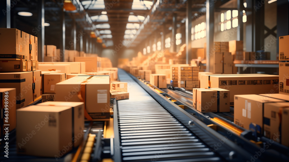 Cargo warehouse with conveyor belt full of cardboard boxes, logistics, goods distribution center Cargo warehouse with conveyor belt full of cardboard boxes, logistics, goods distribution center