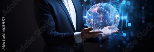Businessman with Blue Technology Hologram Touching the Digital Planet