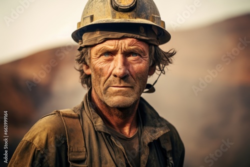Dirty face of coal miner on a black background. Head of tired mine worker in a hard hat.