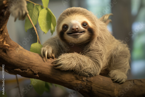 A smiling baby sloth in the wild