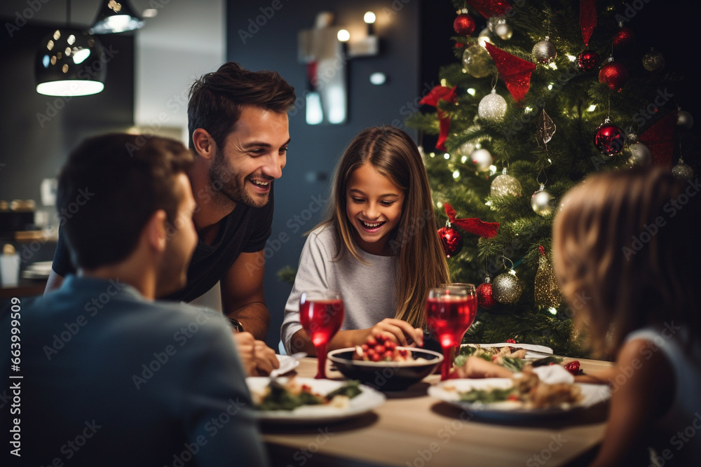Happy family eating festive Christmas dinner with kids at home. Generative AI