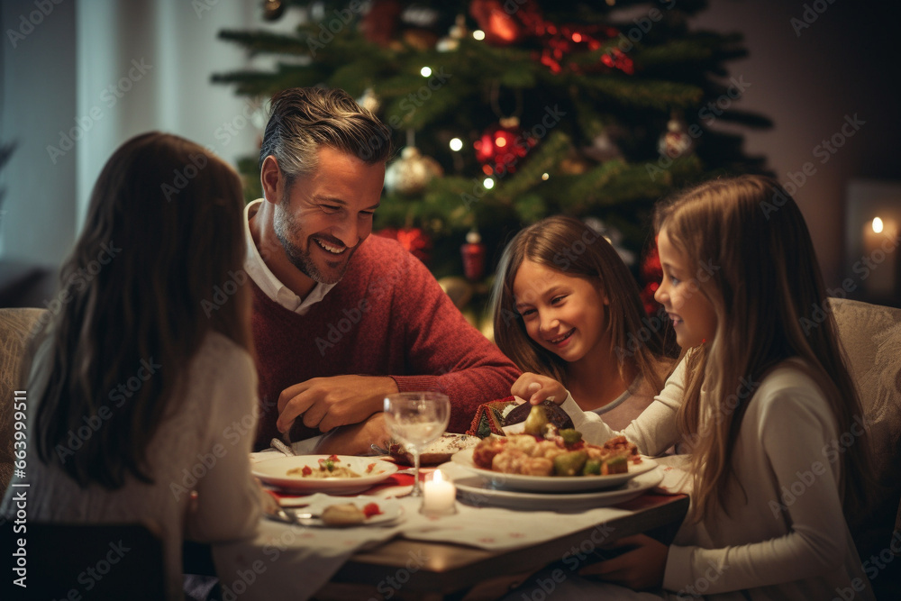 Happy family eating festive Christmas dinner with kids at home. Generative AI