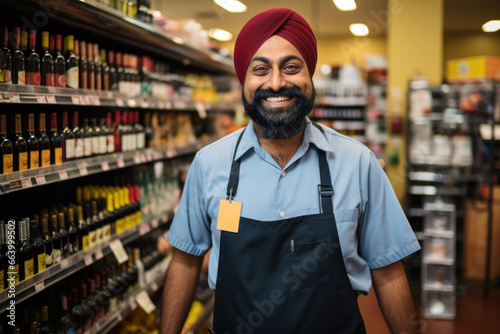 Portrait of Indian sikh man seller with bushy beard at shop